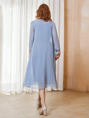 Robe de A-ligne en Mousseline à Manches Longues avec Veste Bleu Poudré Grande Taille