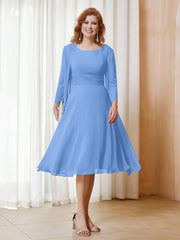 Robe de A-ligne en Mousseline à Manches Longues avec Veste Bleu