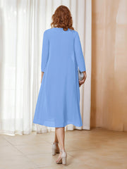 Robe de A-ligne en Mousseline à Manches Longues avec Veste Bleu Grande Taille