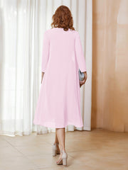 Robe de A-ligne en Mousseline à Manches Longues avec Veste Rose Pâle