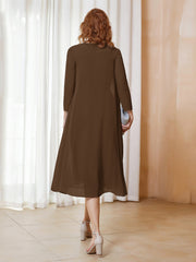 Robe de A-ligne en Mousseline à Manches Longues avec Veste Brun