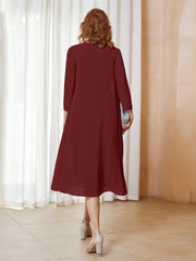 Robe de A-ligne en Mousseline à Manches Longues avec Veste Bordeaux Grande Taille