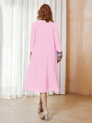 Robe de A-ligne en Mousseline à Manches Longues avec Veste Rose Bonbon