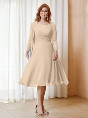Robe de A-ligne en Mousseline à Manches Longues avec Veste Champagne Grande Taille