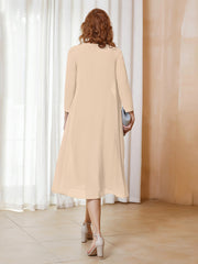 Robe de A-ligne en Mousseline à Manches Longues avec Veste Champagne