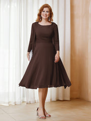 Robe de A-ligne en Mousseline à Manches Longues avec Veste Chocolat Grande Taille