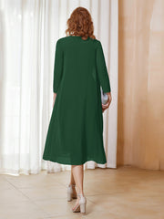 Robe de A-ligne en Mousseline à Manches Longues avec Veste Vert Foncé