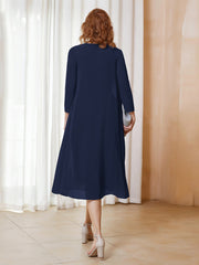 Robe de A-ligne en Mousseline à Manches Longues avec Veste Bleu Marine Grande Taille