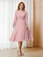Robe de A-ligne en Mousseline à Manches Longues avec Veste Rose Poudré Grande Taille
