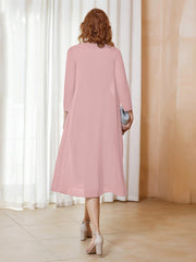 Robe de A-ligne en Mousseline à Manches Longues avec Veste Rose Poudré Grande Taille