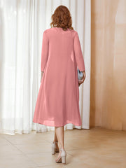 Robe de A-ligne en Mousseline à Manches Longues avec Veste Flamant Grande Taille
