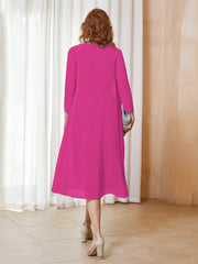 Robe de A-ligne en Mousseline à Manches Longues avec Veste Fuchsia Grande Taille
