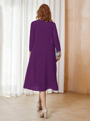 Robe de A-ligne en Mousseline à Manches Longues avec Veste Raisin Grande Taille