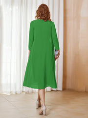 Robe de A-ligne en Mousseline à Manches Longues avec Veste Vert Grande Taille