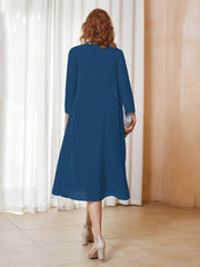 Robe de A-ligne en Mousseline à Manches Longues avec Veste Bleu Encre Grande Taille