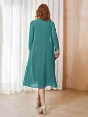 Robe de A-ligne en Mousseline à Manches Longues avec Veste Jade