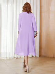 Robe de A-ligne en Mousseline à Manches Longues avec Veste Lilas Grande Taille