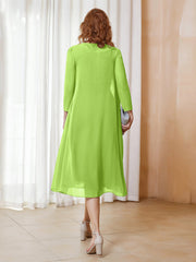 Robe de A-ligne en Mousseline à Manches Longues avec Veste Vert Citron Grande Taille