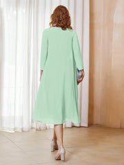 Robe de A-ligne en Mousseline à Manches Longues avec Veste Vert Menthe Grande Taille
