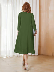 Robe de A-ligne en Mousseline à Manches Longues avec Veste Mousse Grande Taille