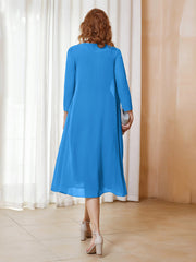 Robe de A-ligne en Mousseline à Manches Longues avec Veste Bleu Océan Grande Taille