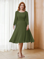 Robe de A-ligne en Mousseline à Manches Longues avec Veste Olive Verte Grande Taille
