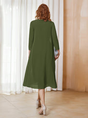 Robe de A-ligne en Mousseline à Manches Longues avec Veste Olive Verte Grande Taille