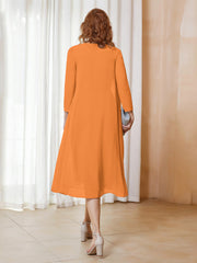 Robe de A-ligne en Mousseline à Manches Longues avec Veste Orange