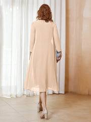 Robe de A-ligne en Mousseline à Manches Longues avec Veste Pêche Grande Taille
