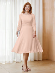 Robe de A-ligne en Mousseline à Manches Longues avec Veste Rose Perle