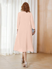 Robe de A-ligne en Mousseline à Manches Longues avec Veste Rose Perle Grande Taille