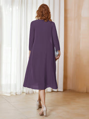 Robe de A-ligne en Mousseline à Manches Longues avec Veste Plum