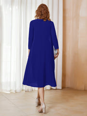 Robe de A-ligne en Mousseline à Manches Longues avec Veste Bleu Royale Grande Taille