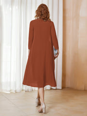 Robe de A-ligne en Mousseline à Manches Longues avec Veste Rouille