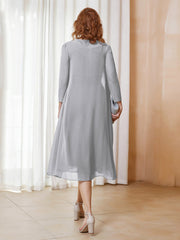 Robe de A-ligne en Mousseline à Manches Longues avec Veste Argent Grande Taille