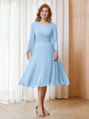 Robe de A-ligne en Mousseline à Manches Longues avec Veste Bleu Ciel