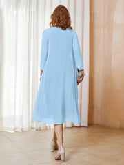 Robe de A-ligne en Mousseline à Manches Longues avec Veste Bleu Ciel Grande Taille
