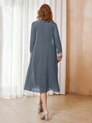 Robe de A-ligne en Mousseline à Manches Longues avec Veste Bleu de Schiste Grande Taille