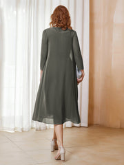 Robe de A-ligne en Mousseline à Manches Longues avec Veste Gris Acier Grande Taille