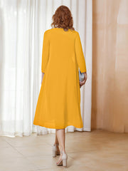 Robe de A-ligne en Mousseline à Manches Longues avec Veste Mandarine