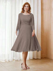 Robe de A-ligne en Mousseline à Manches Longues avec Veste Taupe Grande Taille