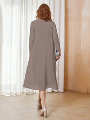 Robe de A-ligne en Mousseline à Manches Longues avec Veste Taupe Grande Taille