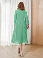 Robe de A-ligne en Mousseline à Manches Longues avec Veste Turquoise