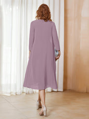 Robe de A-ligne en Mousseline à Manches Longues avec Veste Vintage Mauve