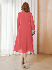 Robe de A-ligne en Mousseline à Manches Longues avec Veste Pastèque Grande Taille