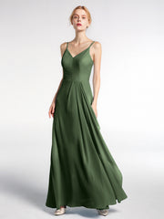 Robe Longue Simple en Mousseline à Col en V Et Bretelles Spaghetti Olive Verte Grande Taille Olive Green