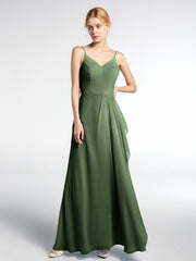 Robe Longue Simple en Mousseline à Col en V Et Bretelles Spaghetti Olive Verte Grande Taille Olive Green