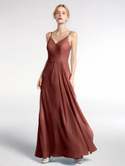 Robe Longue Simple en Mousseline à Col en V Et Bretelles Spaghetti terracotta