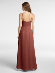 Robe Longue Simple en Mousseline à Col en V Et Bretelles Spaghetti terracotta