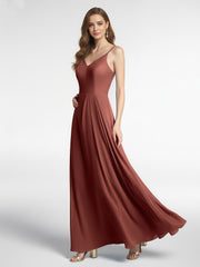 Robe Longue Simple en Mousseline à Col en V Et Bretelles Spaghetti terracotta